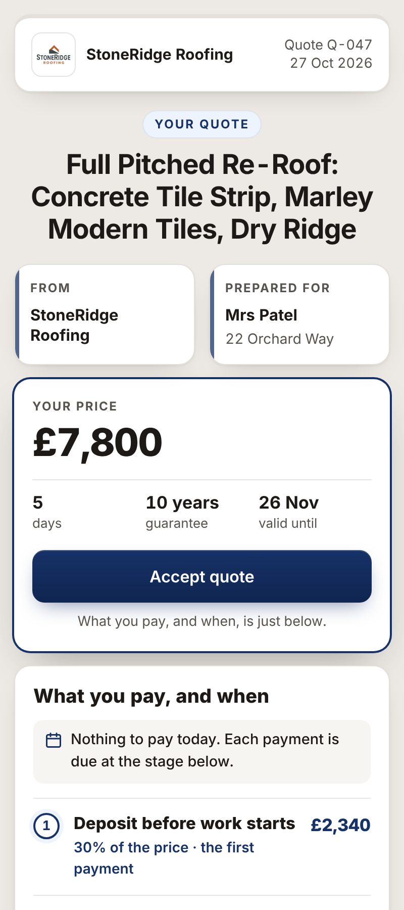 The top of a StoneRidge Roofing quote on a phone: the StoneRidge logo, the job title, who it's for, the price, a 10 year guarantee, an Accept quote button and the payment stages.